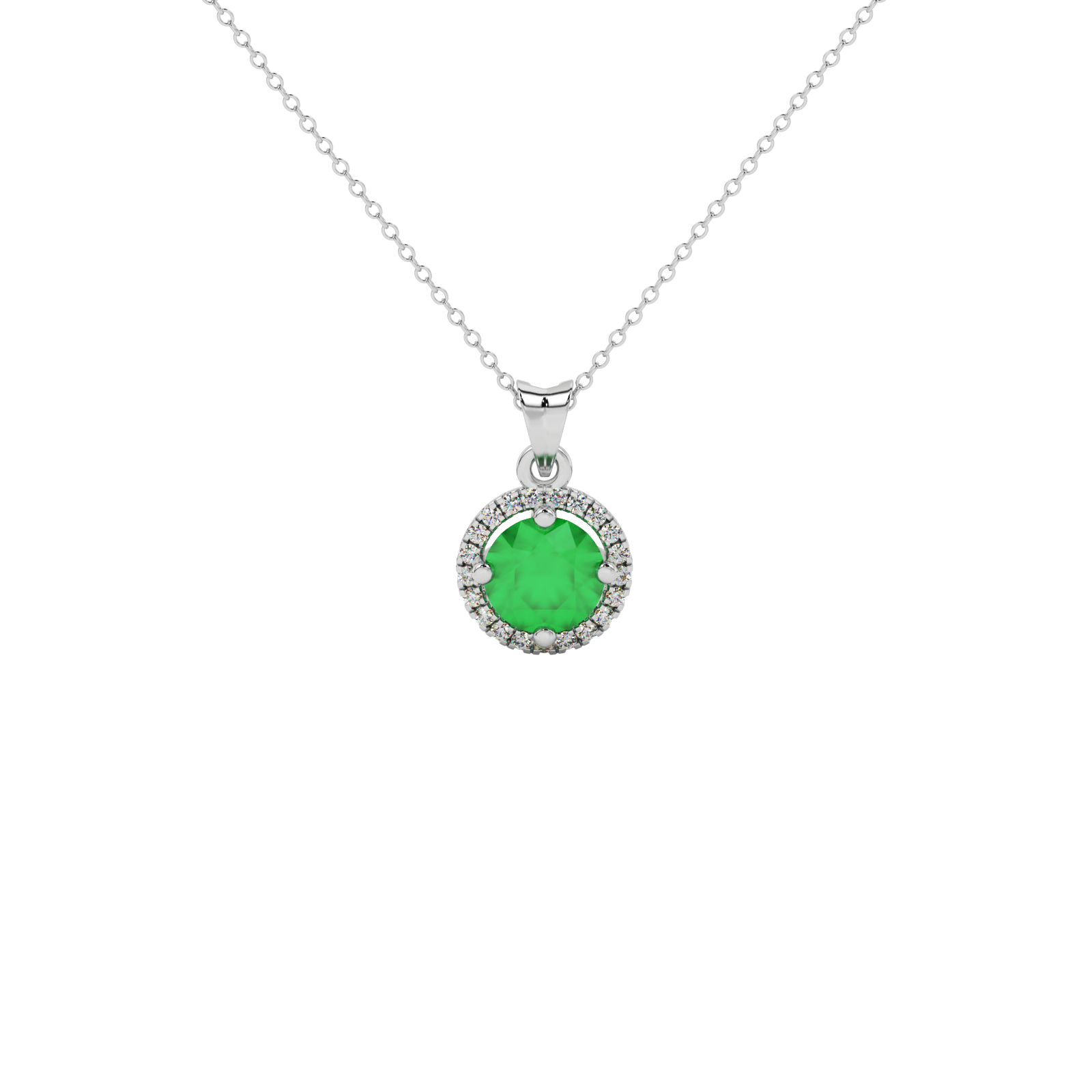 Round-cut emerald green gemstone pendant in a white gold French pavé halo diamond setting.