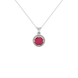 Round-cut raspberry red gemstone pendant in a white gold French pavé halo diamond setting.