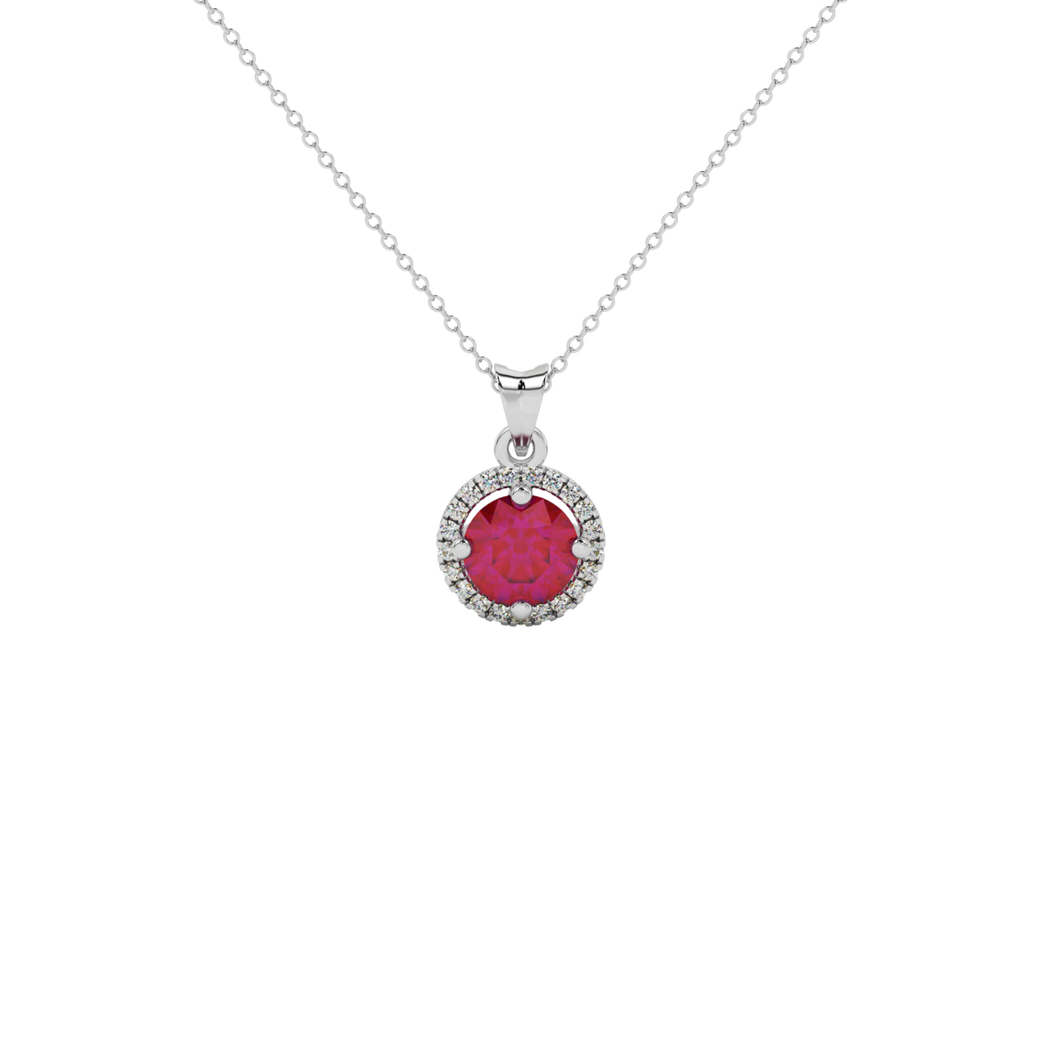 Round-cut raspberry red gemstone pendant in a white gold French pavé halo diamond setting.