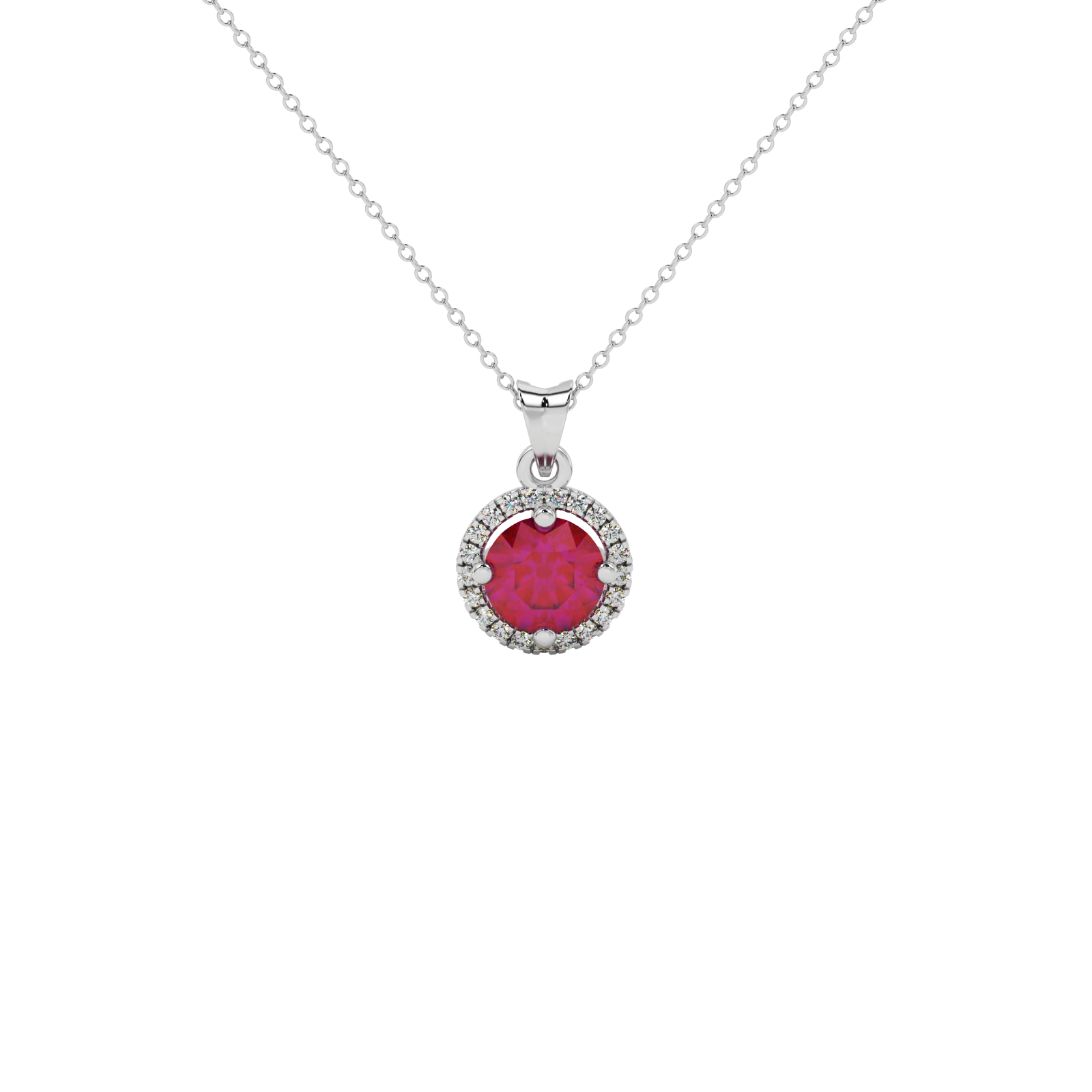 Round-cut raspberry red gemstone pendant in a white gold French pavé halo diamond setting.