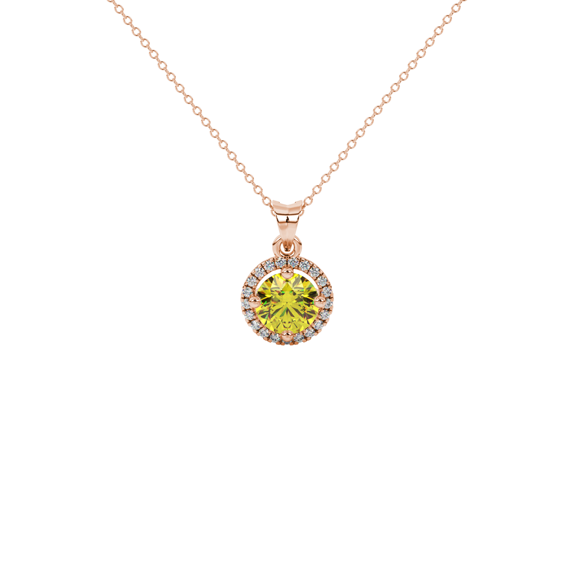 Round-cut canary yellow gemstone pendant in a rose gold French pavé halo diamond setting.