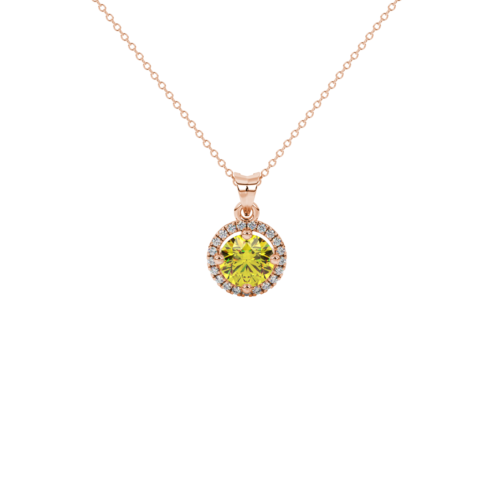 Round-cut canary yellow gemstone pendant in a rose gold French pavé halo diamond setting.