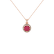 Round-cut raspberry red gemstone pendant in a rose gold French pavé halo diamond setting.