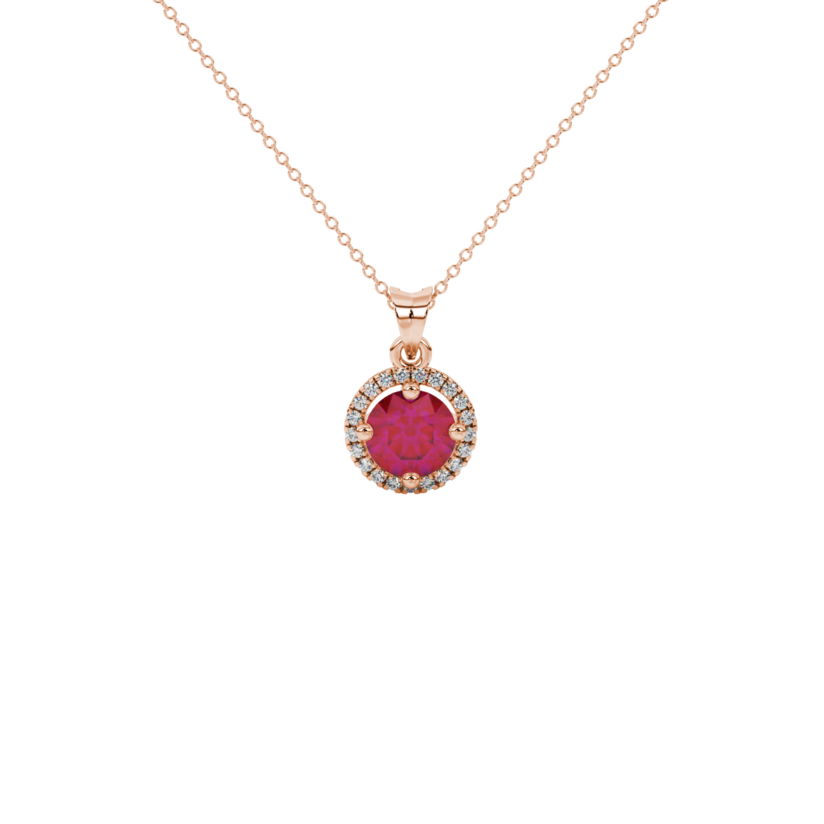 Round-cut raspberry red gemstone pendant in a rose gold French pavé halo diamond setting.
