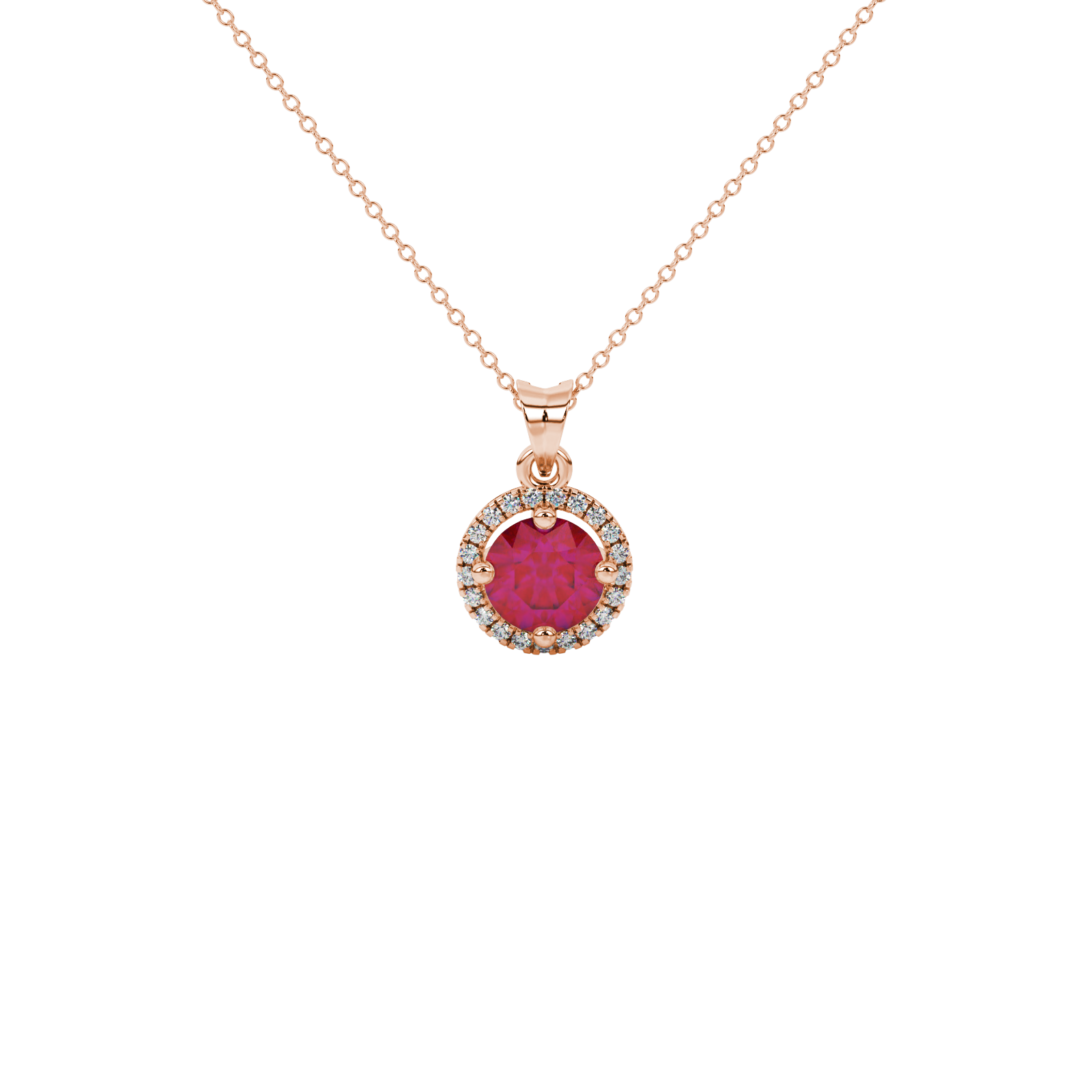 Round-cut raspberry red gemstone pendant in a rose gold French pavé halo diamond setting.