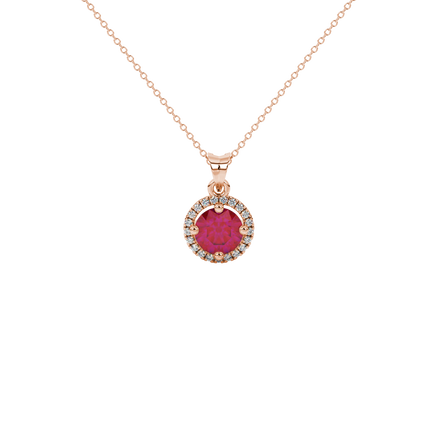 Round-cut raspberry red gemstone pendant in a rose gold French pavé halo diamond setting.