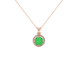 Round-cut emerald green gemstone pendant in a rose gold French pavé halo diamond setting.
