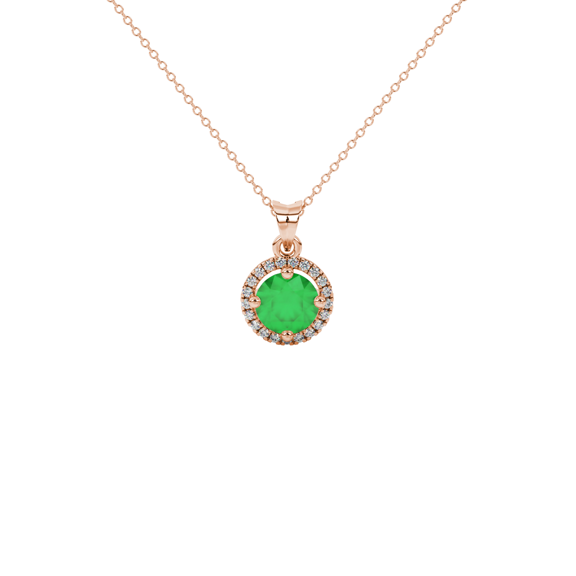Round-cut emerald green gemstone pendant in a rose gold French pavé halo diamond setting.