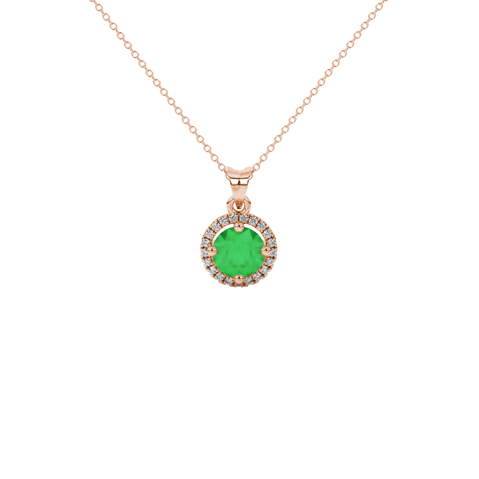 Round-cut emerald green gemstone pendant in a rose gold French pavé halo diamond setting.