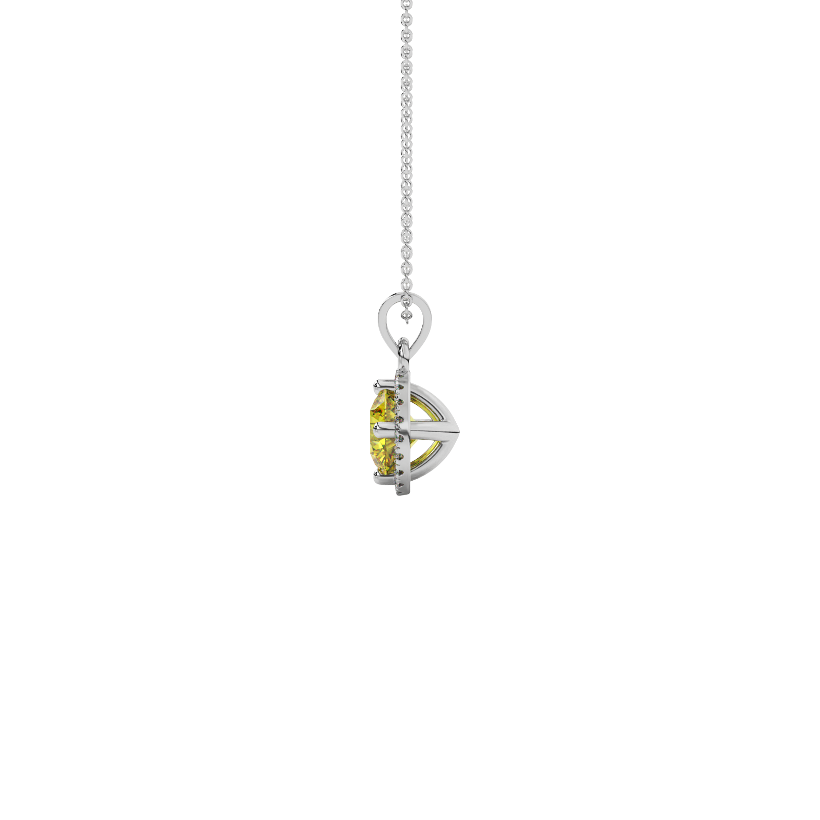 Side profile of a white gold canary yellow gemstone pendant showing the brilliant French pavé halo design.