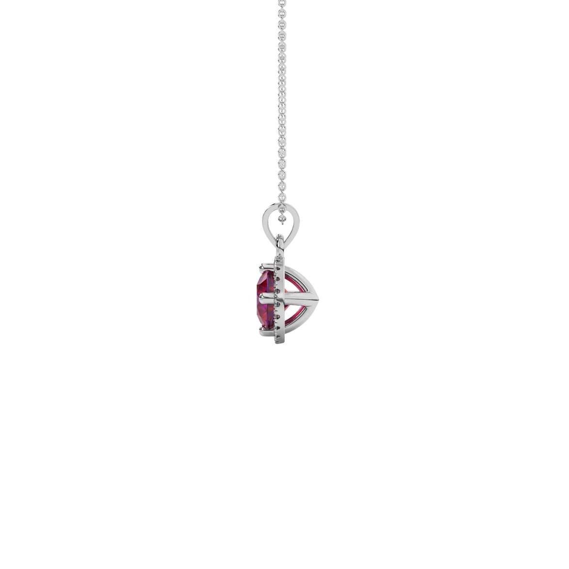 Side angle of a white gold raspberry red gemstone pendant highlighting the French pavé halo details.