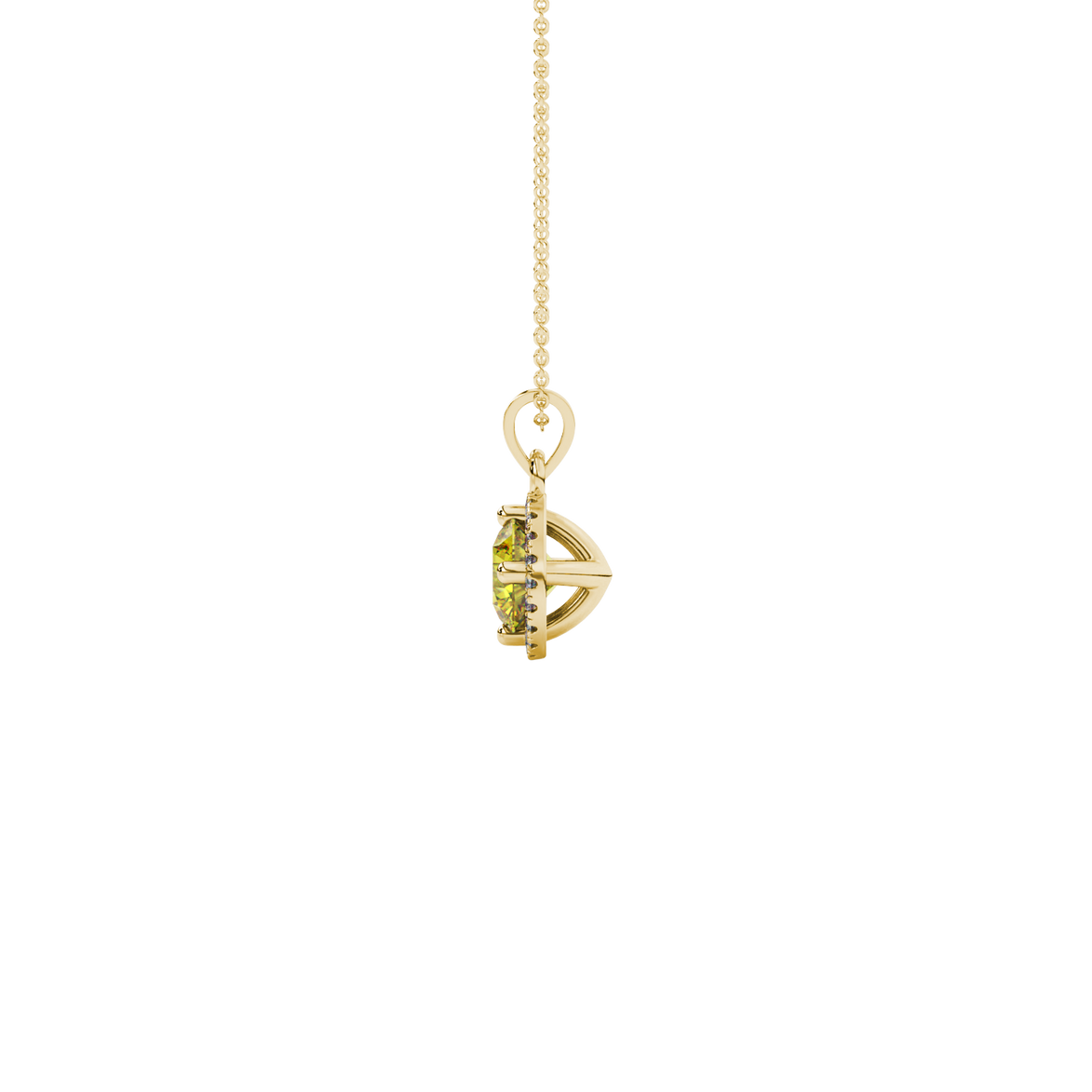 Side angle of a yellow gold canary yellow gemstone pendant displaying the French pavé halo.