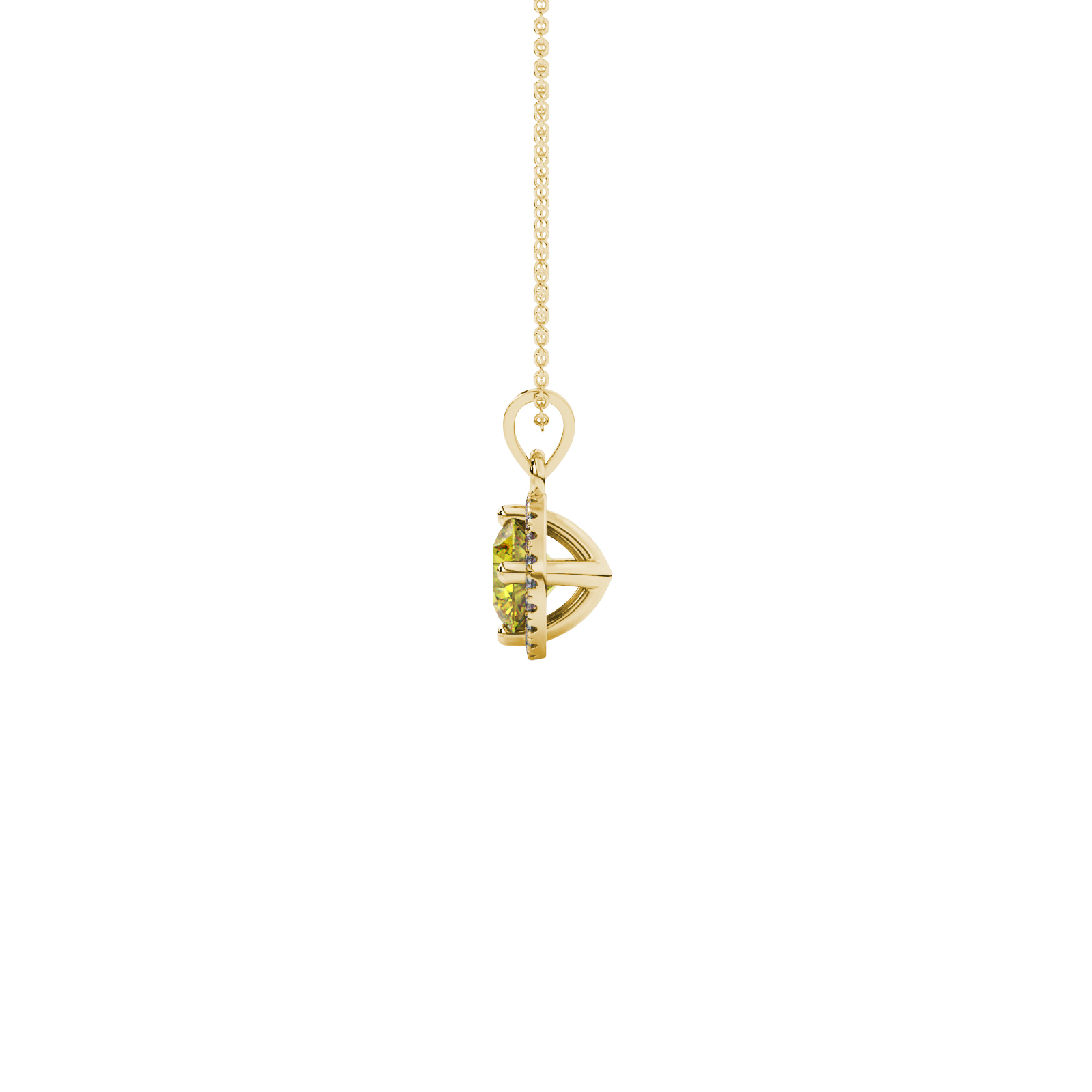 Side angle of a yellow gold canary yellow gemstone pendant displaying the French pavé halo.