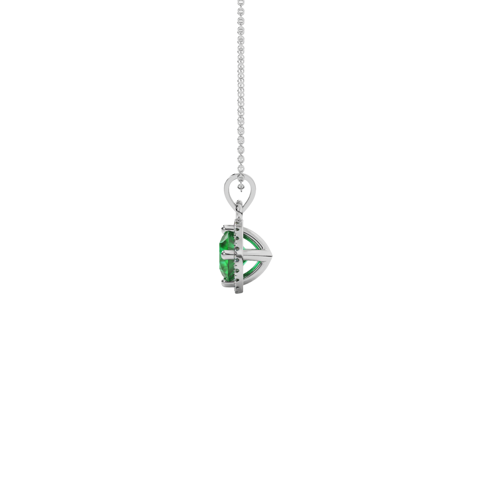 Side view of a white gold emerald green gemstone pendant featuring a brilliant French pavé halo.
