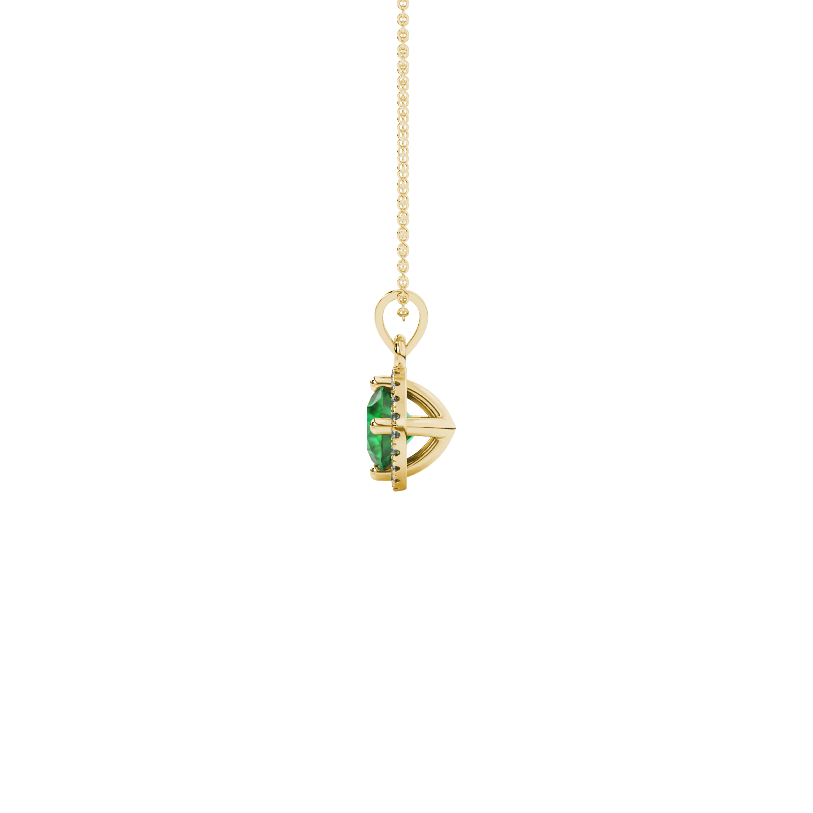Side profile of a yellow gold emerald green gemstone pendant with a French pavé halo design.