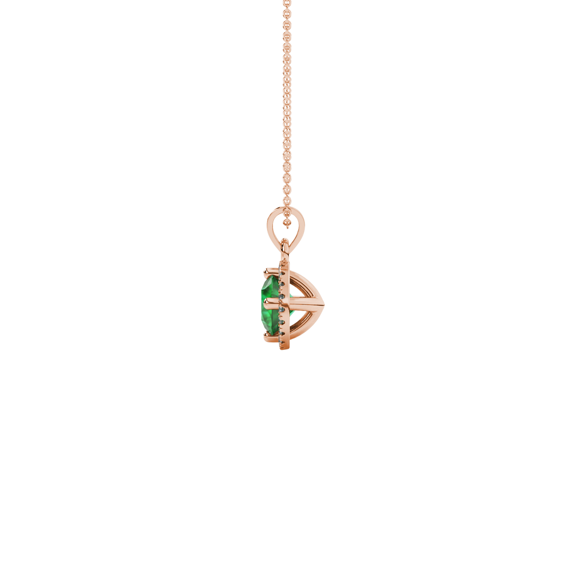 Side angle of a rose gold emerald green gemstone pendant showcasing the French pavé halo design.
