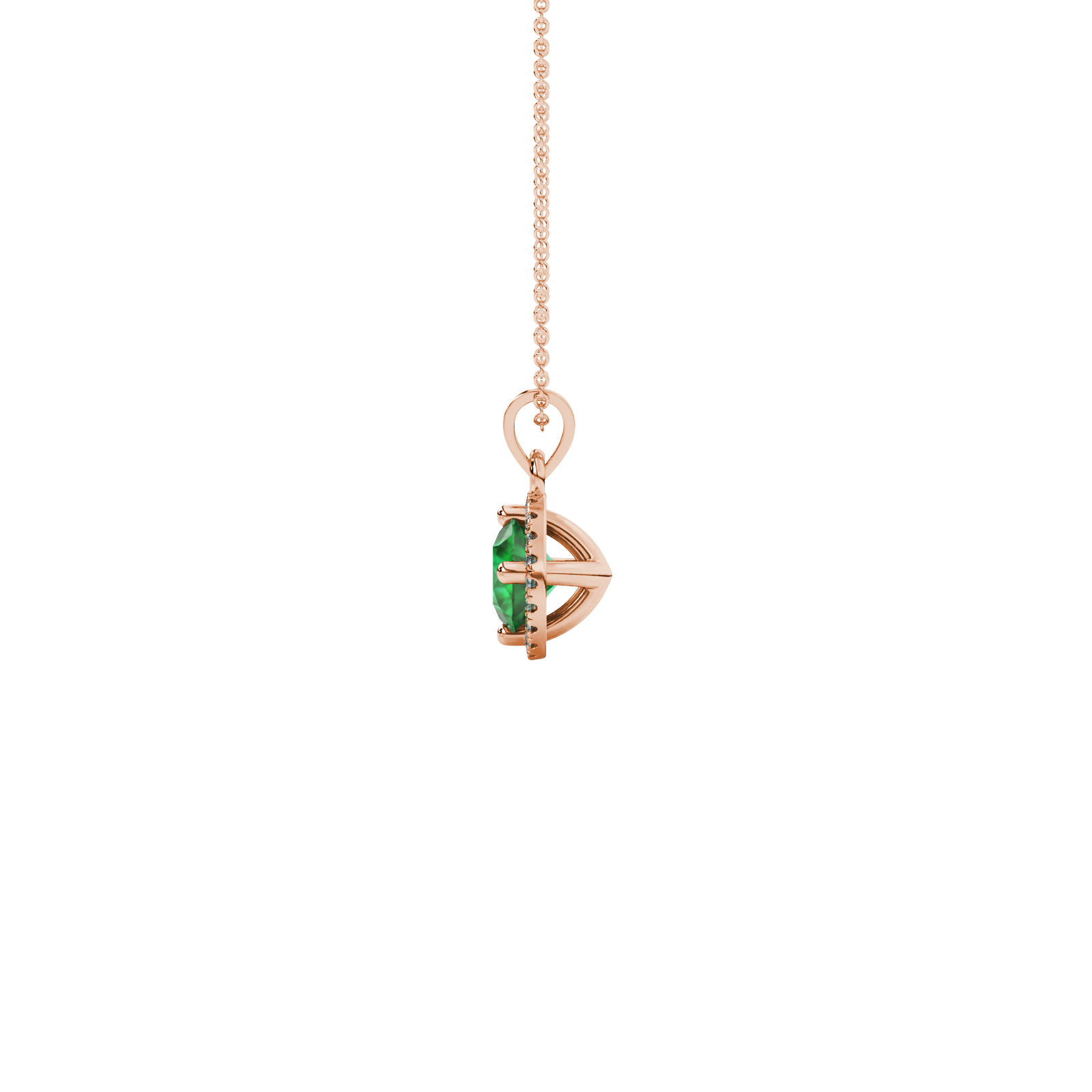 Side angle of a rose gold emerald green gemstone pendant showcasing the French pavé halo design.