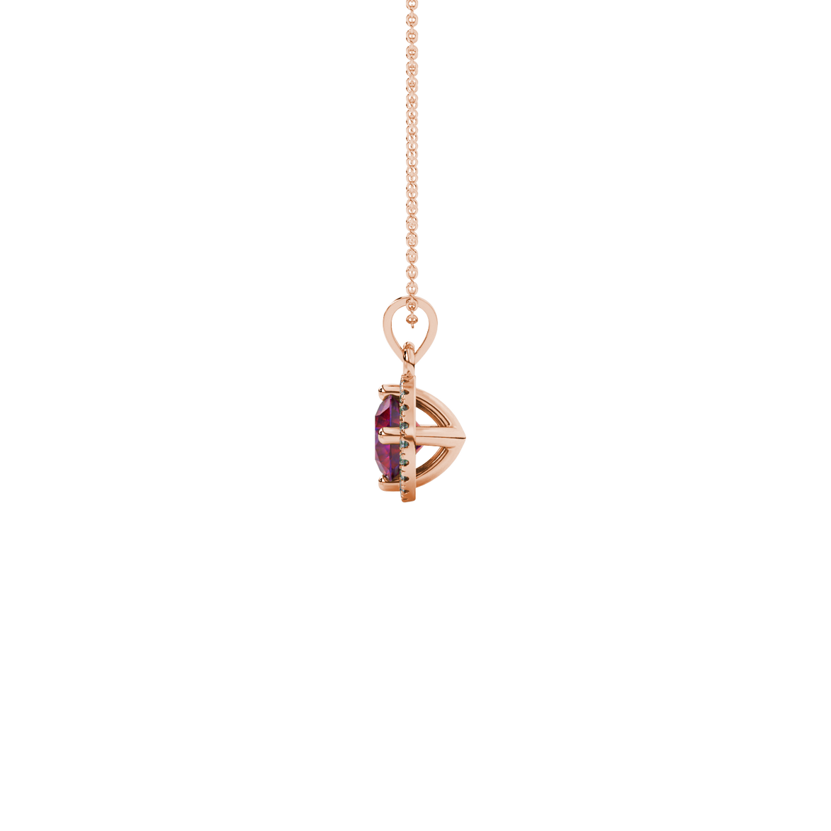 Side profile of a rose gold raspberry red gemstone pendant showcasing the French pavé halo gallery.