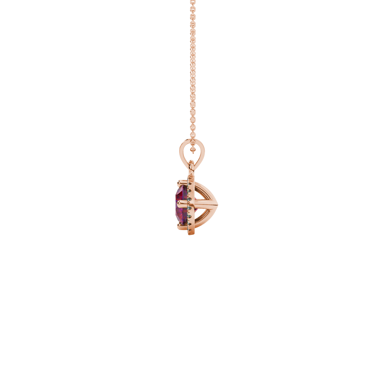 Side profile of a rose gold raspberry red gemstone pendant showcasing the French pavé halo gallery.