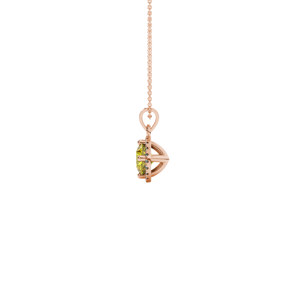 Side view of a rose gold canary yellow gemstone pendant highlighting the French pavé halo