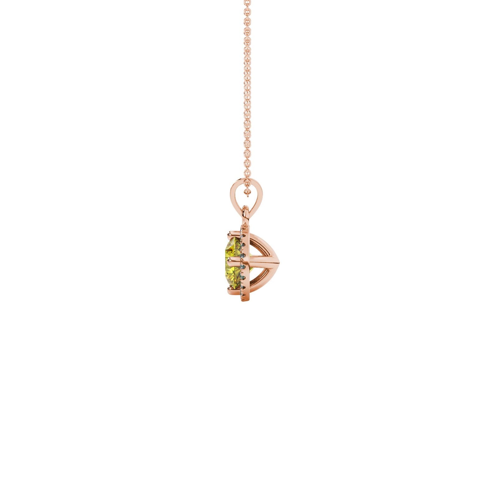 Side view of a rose gold canary yellow gemstone pendant highlighting the French pavé halo