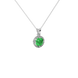 close-up of a round emerald green gemstone enclosed in a white gold diamond French pavé halo pendant setting.