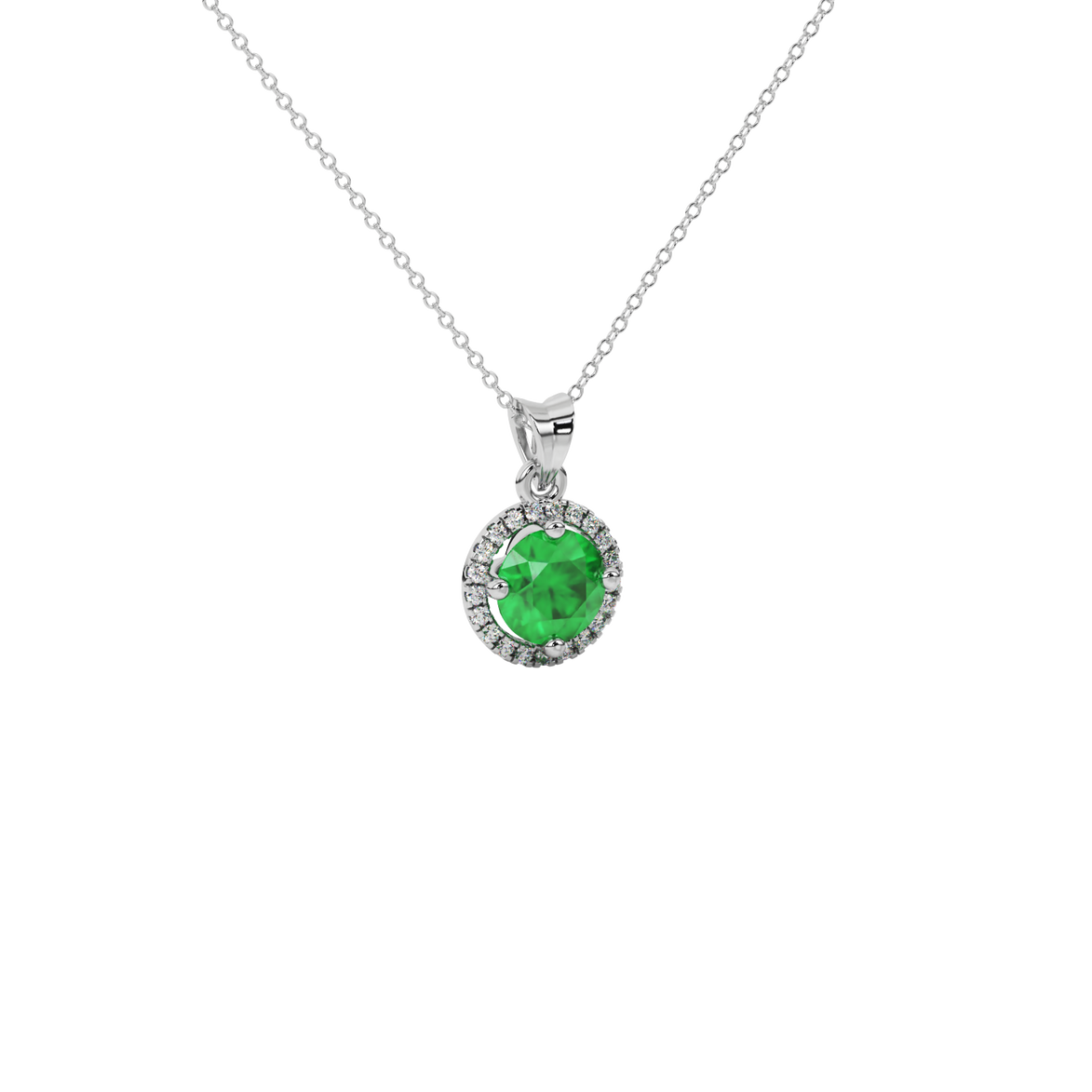 close-up of a round emerald green gemstone enclosed in a white gold diamond French pavé halo pendant setting.