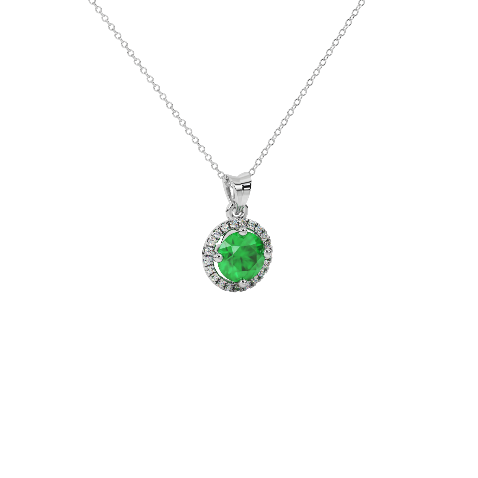 close-up of a round emerald green gemstone enclosed in a white gold diamond French pavé halo pendant setting.