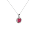 Close-up details of a round raspberry red gemstone secured in a white gold diamond French pavé halo pendant.
