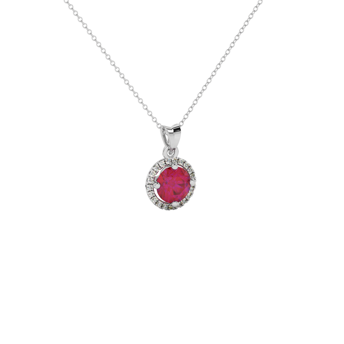 Close-up details of a round raspberry red gemstone secured in a white gold diamond French pavé halo pendant.