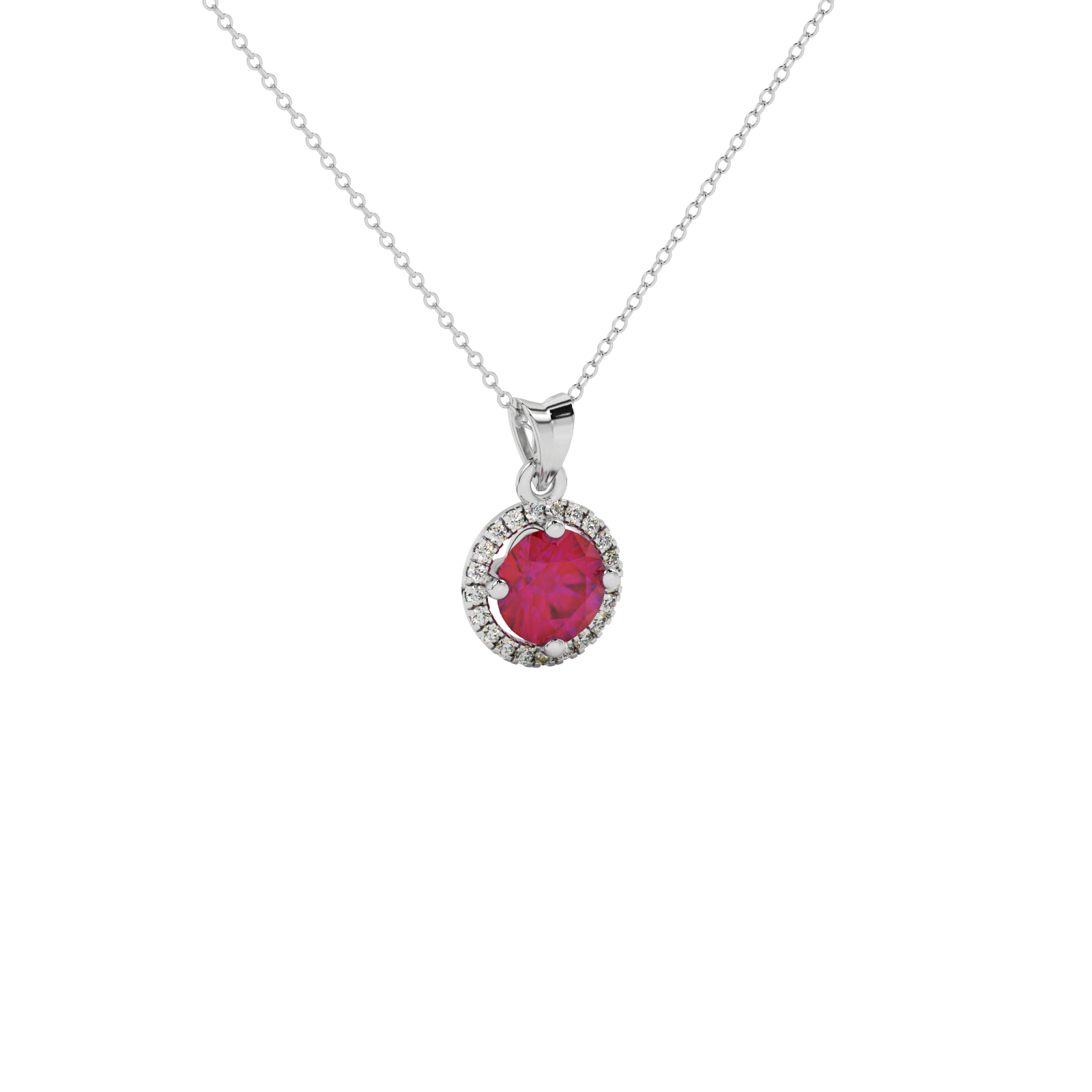 Close-up details of a round raspberry red gemstone secured in a white gold diamond French pavé halo pendant.