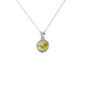 Close-up shot of a round-cut canary yellow gemstone in a white gold diamond French pavé halo pendant setting.