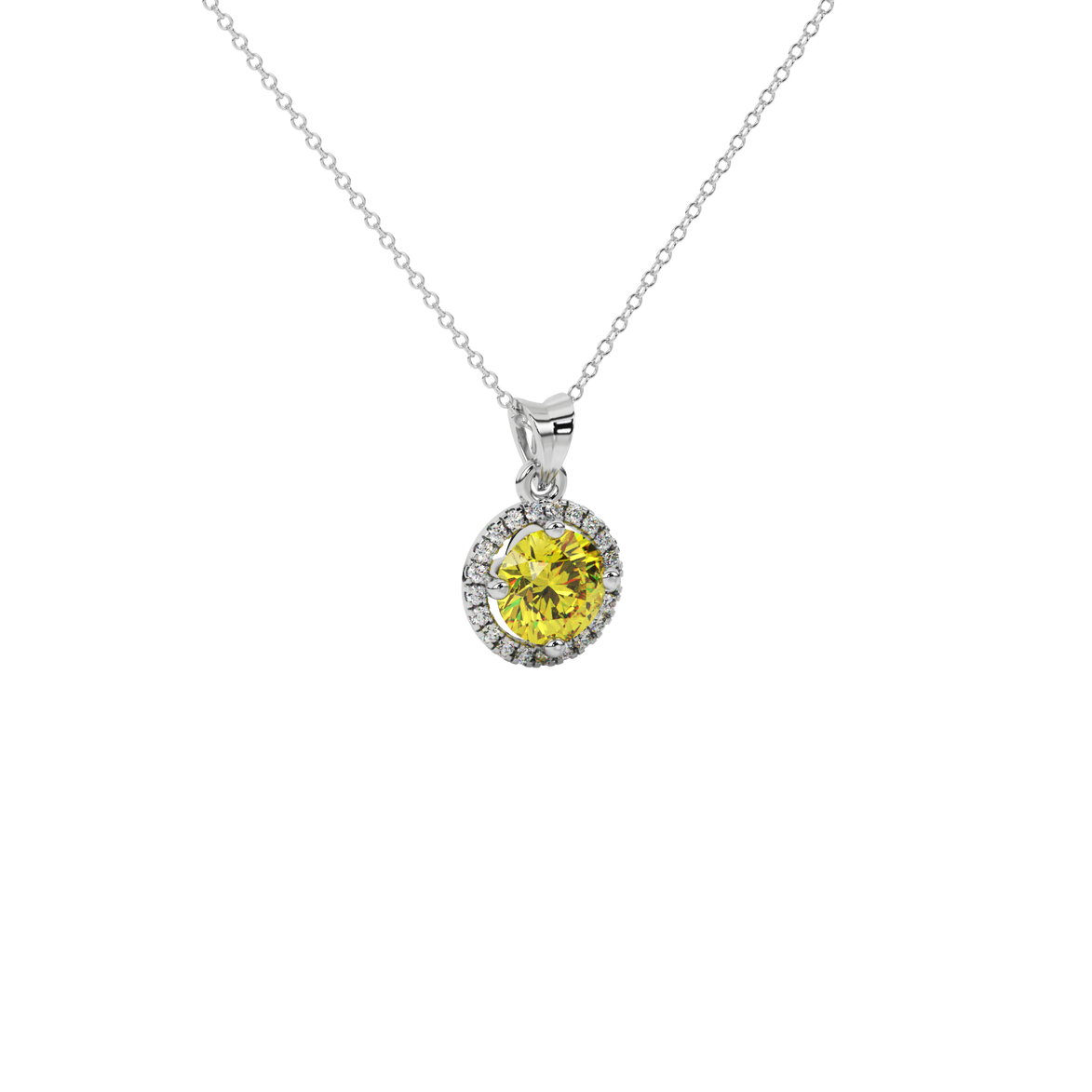 Close-up shot of a round-cut canary yellow gemstone in a white gold diamond French pavé halo pendant setting.