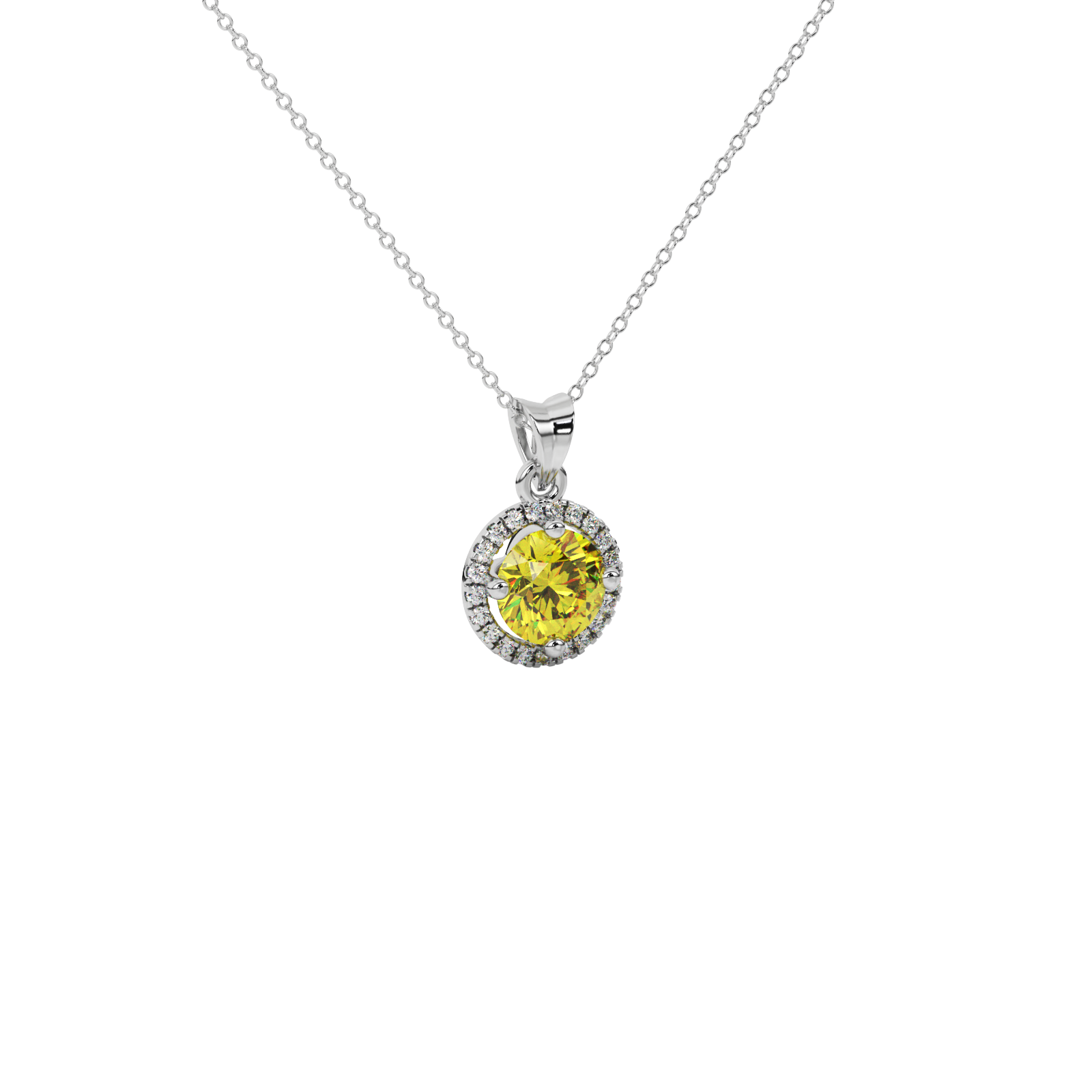 Close-up shot of a round-cut canary yellow gemstone in a white gold diamond French pavé halo pendant setting.