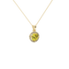 close-up of a round canary yellow gemstone secured in a yellow gold diamond French pavé halo pendant.