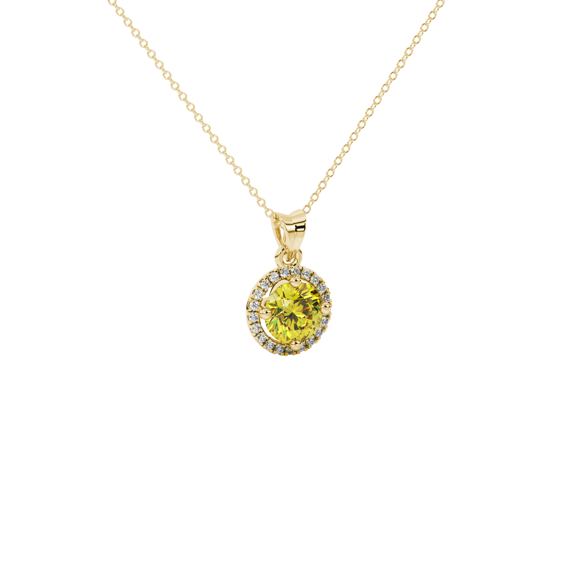 close-up of a round canary yellow gemstone secured in a yellow gold diamond French pavé halo pendant.