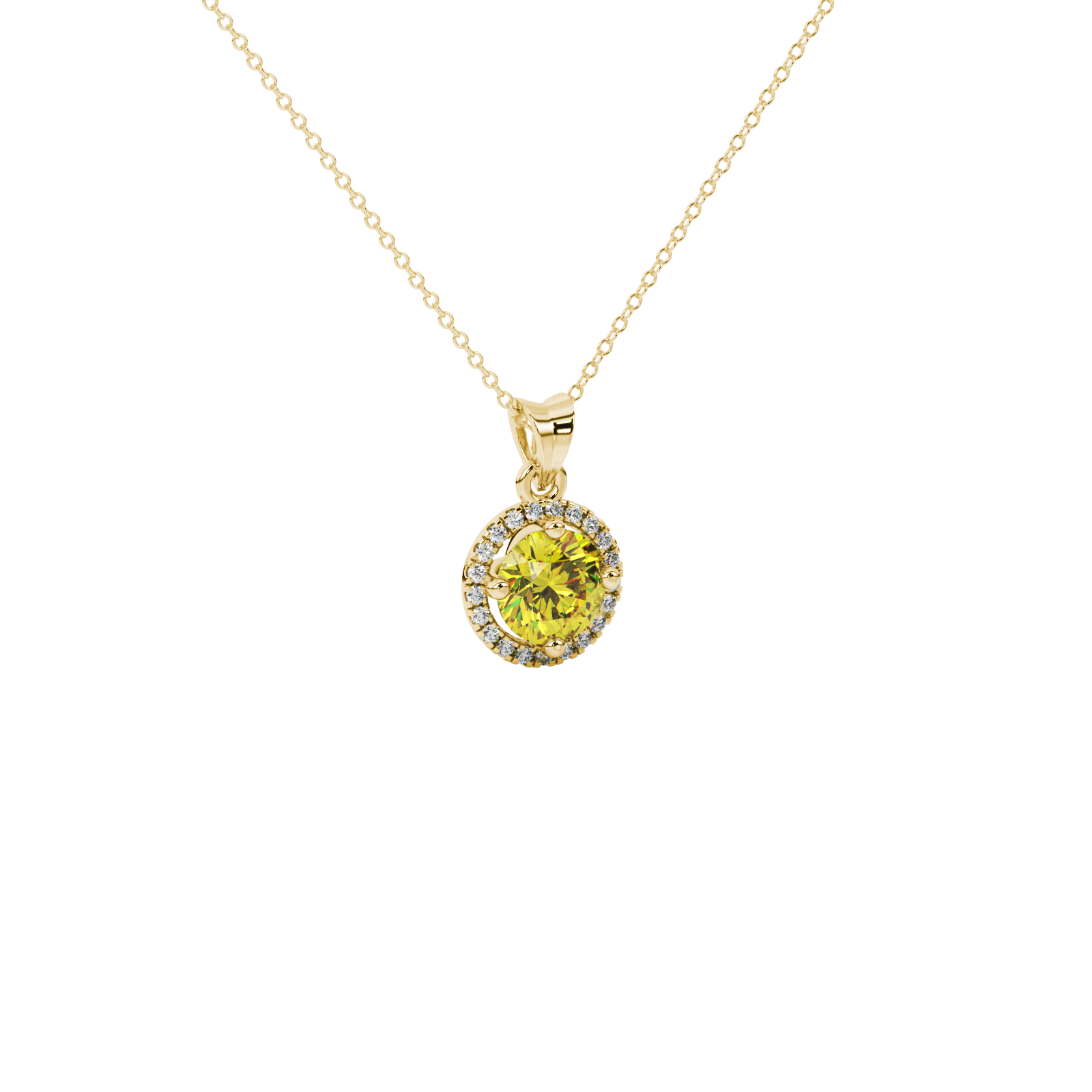 close-up of a round canary yellow gemstone secured in a yellow gold diamond French pavé halo pendant.