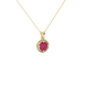 close-up of a round-cut raspberry red gemstone surrounded by a yellow gold diamond French pavé halo.