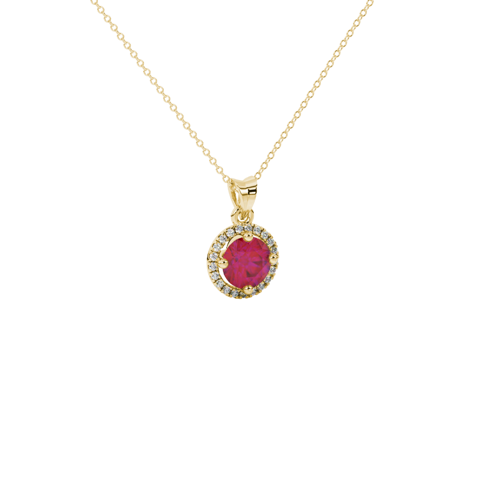 close-up of a round-cut raspberry red gemstone surrounded by a yellow gold diamond French pavé halo.