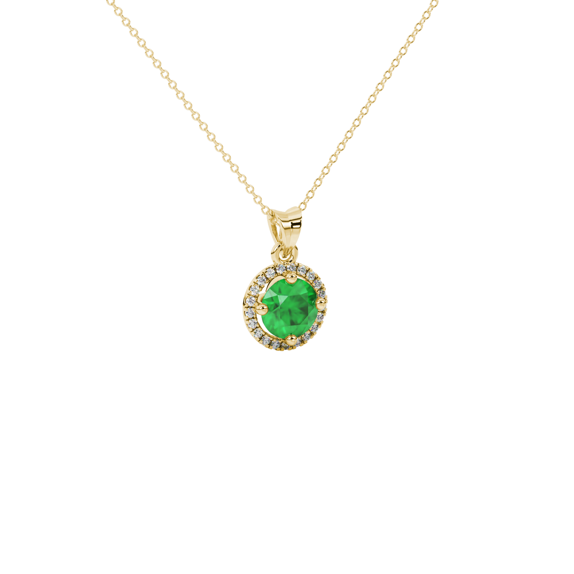Close-up details of a round-cut emerald green gemstone in a yellow gold diamond French pavé halo pendant.
