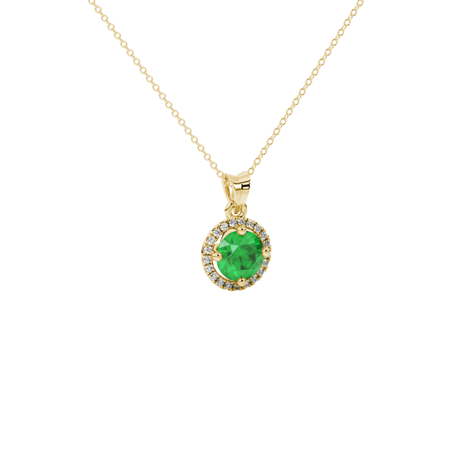 Close-up details of a round-cut emerald green gemstone in a yellow gold diamond French pavé halo pendant.