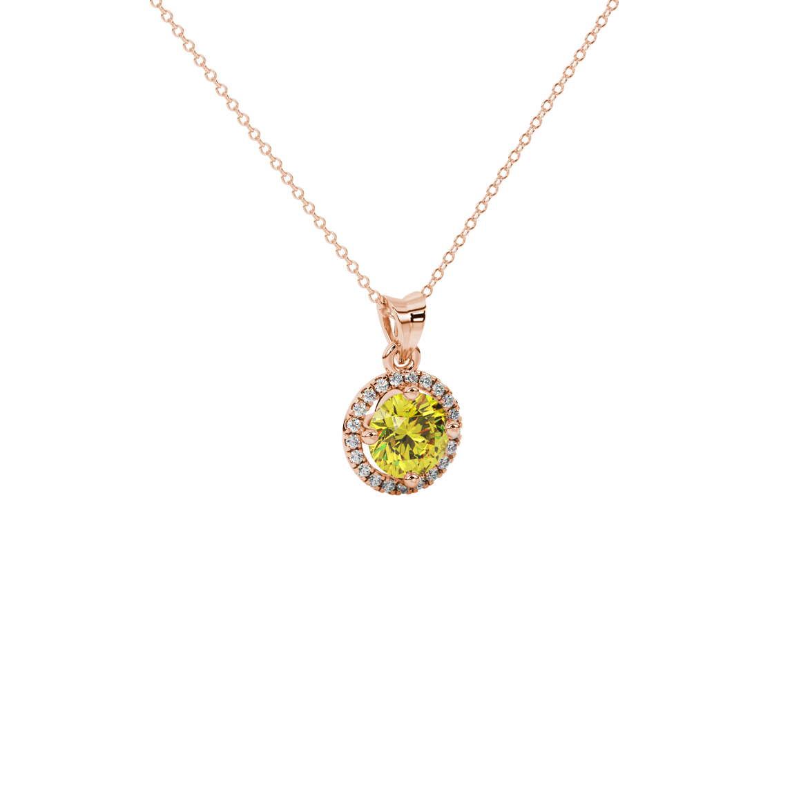 Close-up of a round canary yellow gemstone pendant with an intricate rose gold diamond French pavé halo.