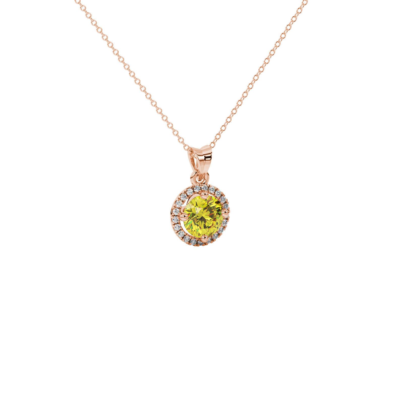 Close-up of a round canary yellow gemstone pendant with an intricate rose gold diamond French pavé halo.
