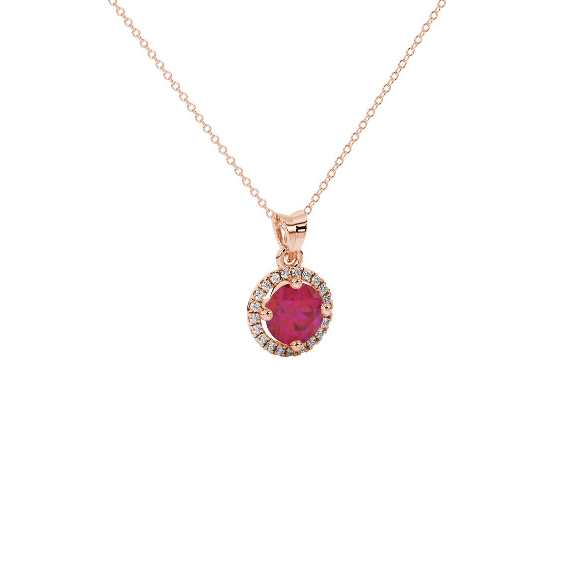 close-up shot of a round raspberry red gemstone pendant with a diamond French pavé halo in rose gold.