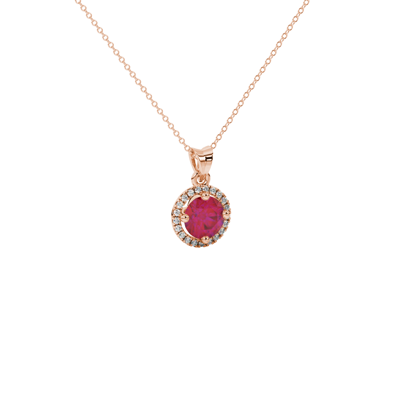 close-up shot of a round raspberry red gemstone pendant with a diamond French pavé halo in rose gold.
