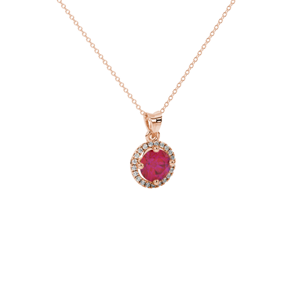 close-up shot of a round raspberry red gemstone pendant with a diamond French pavé halo in rose gold.