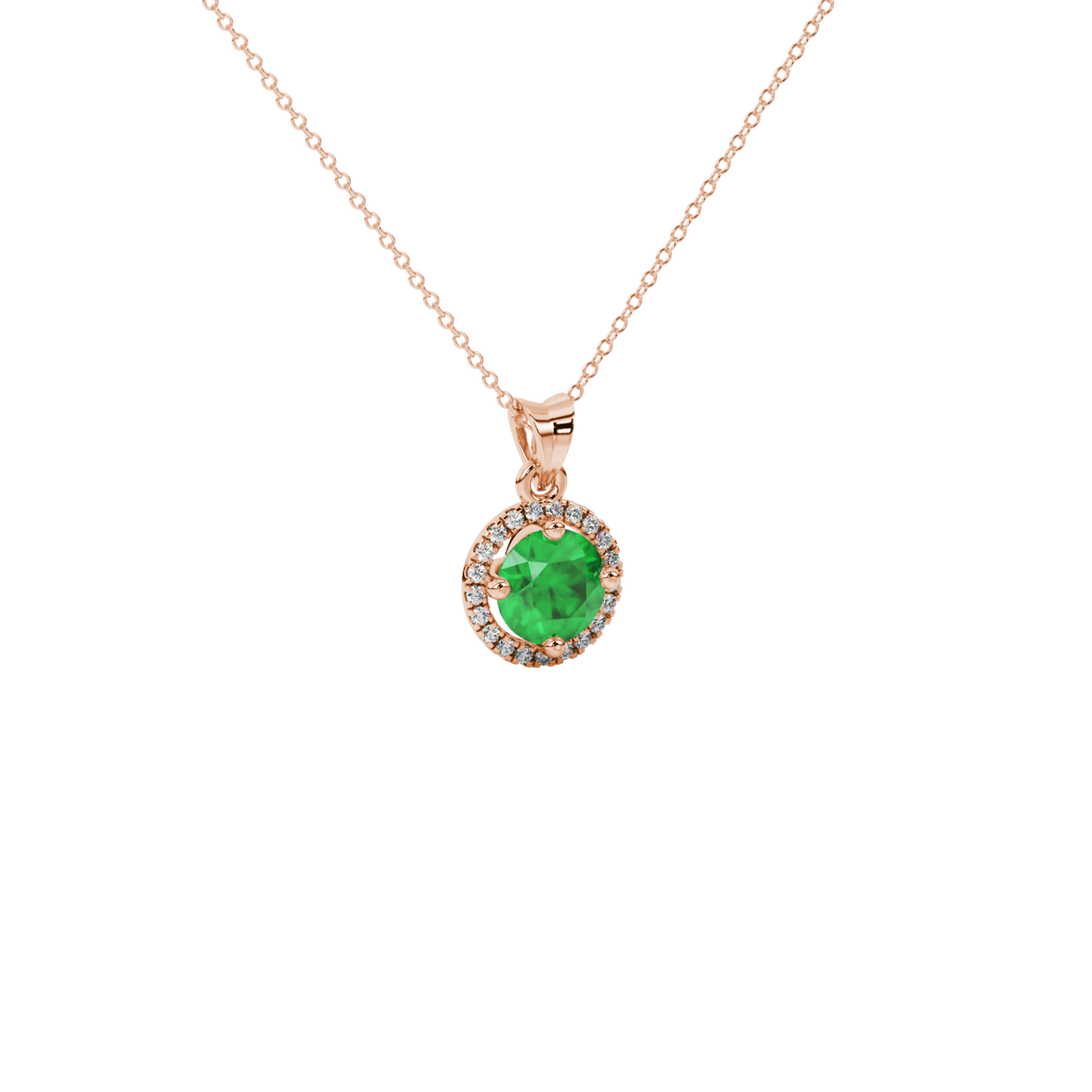 Close-up macro shot of a round emerald green gemstone pendant with a rose gold diamond French pavé halo.