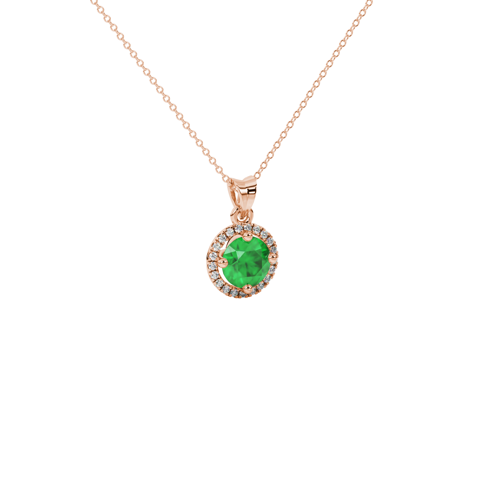 Close-up macro shot of a round emerald green gemstone pendant with a rose gold diamond French pavé halo.