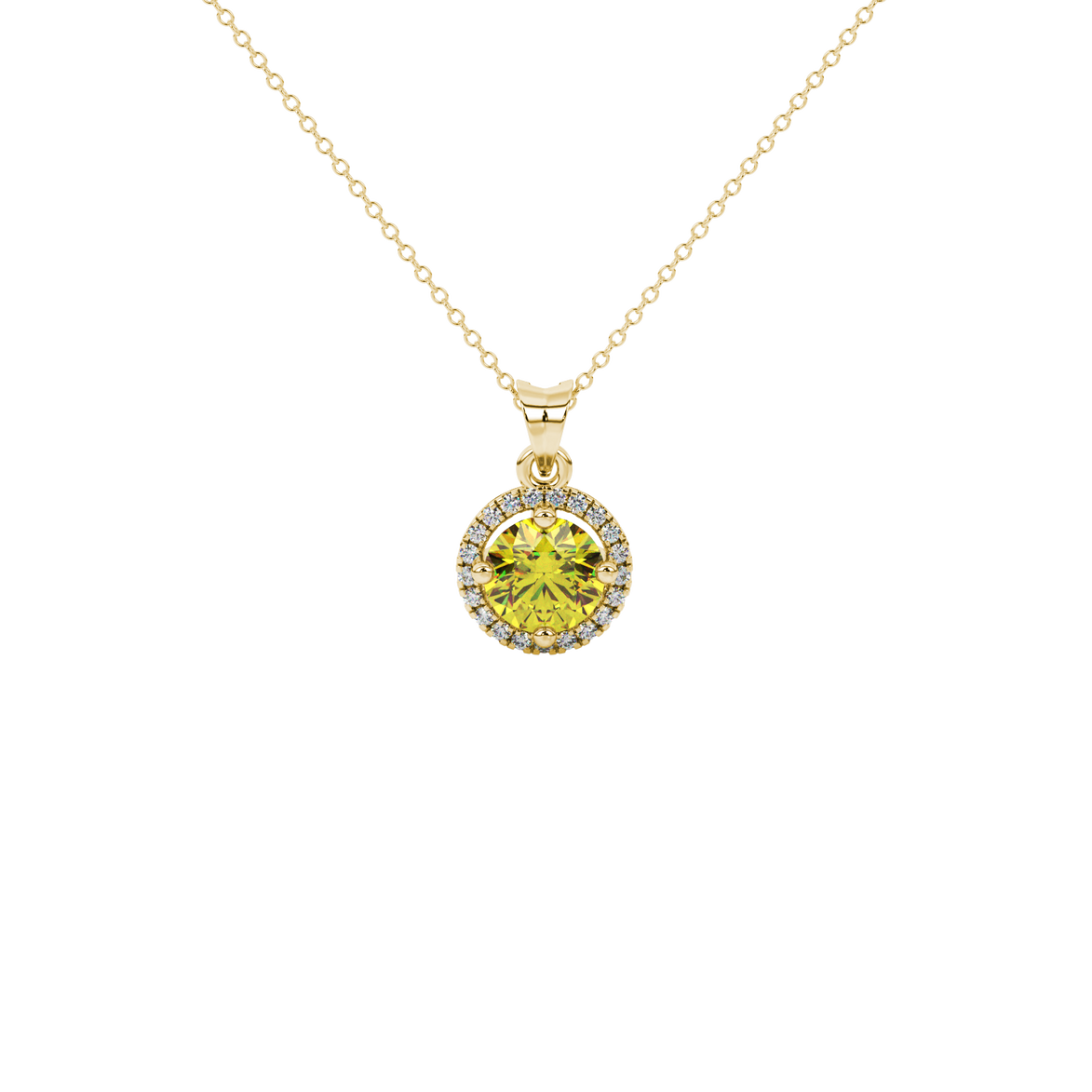 Round-cut canary yellow gemstone pendant in a yellow gold French pavé halo diamond setting.