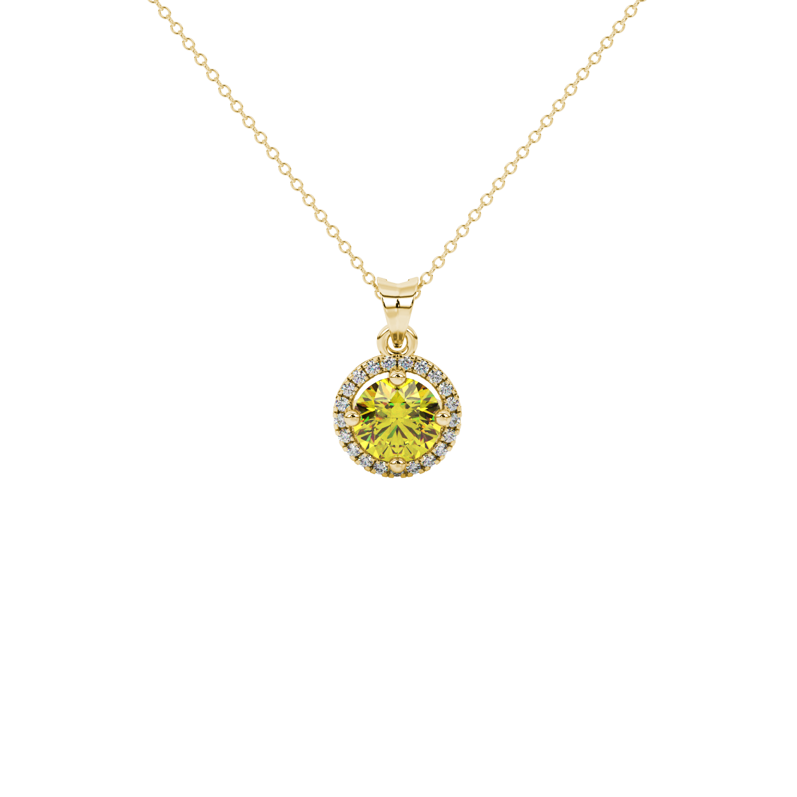 Round-cut canary yellow gemstone pendant in a yellow gold French pavé halo diamond setting.